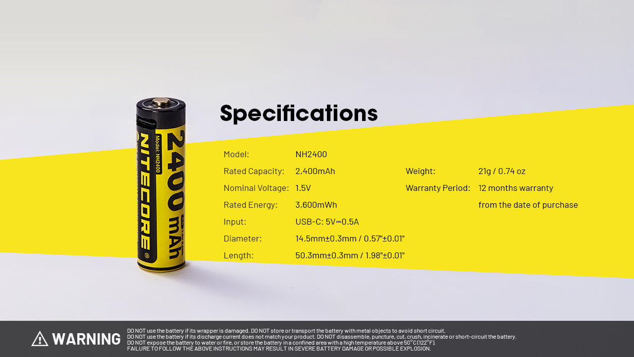 Nitecore NH2400 2400mAh USB-C Rechargeable AA Battery 4-Pack