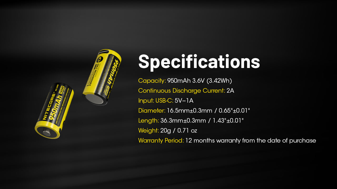 Nitecore NL169R 950mAh USB-C Rechargeable 16340 Battery