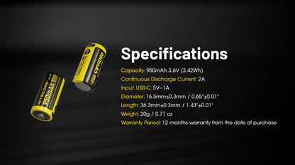 Nitecore NL169R 950mAh USB-C Rechargeable 16340 Battery