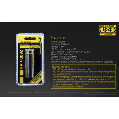 Nitecore NL1826R 2600mAh USB Rechargeable 18650 Li-ion Battery