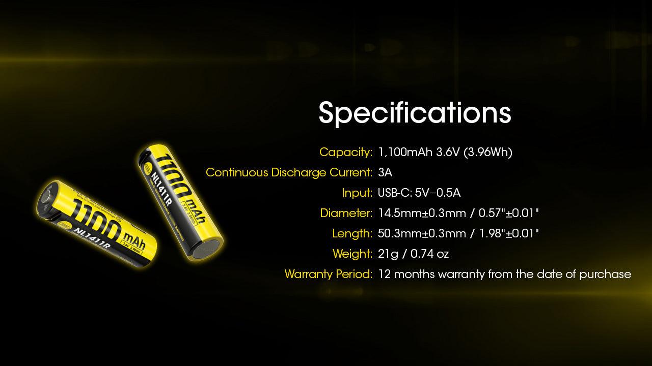 Nitecore NL1411R 1100mAh USB-C Rechargeable Battery